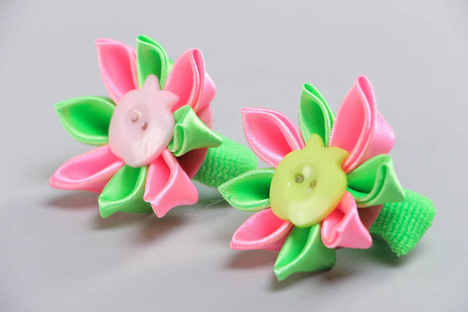 Set of 2 handmade hair ties with satin ribbon flower of pink and green colors photo 2