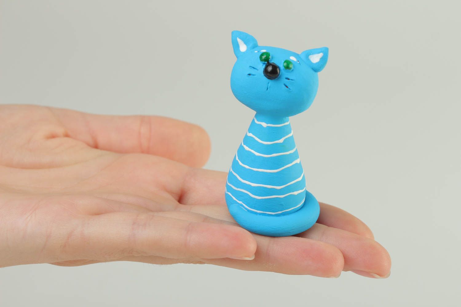 Statuette chat bleu faite main Figurine animal petite peinte rayée Déco maison photo 5