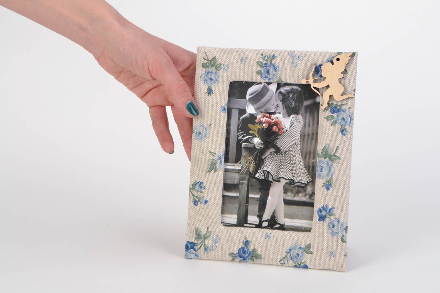 Cadre photo en tissu naturel beige à motif floral fait main vintage original photo 2