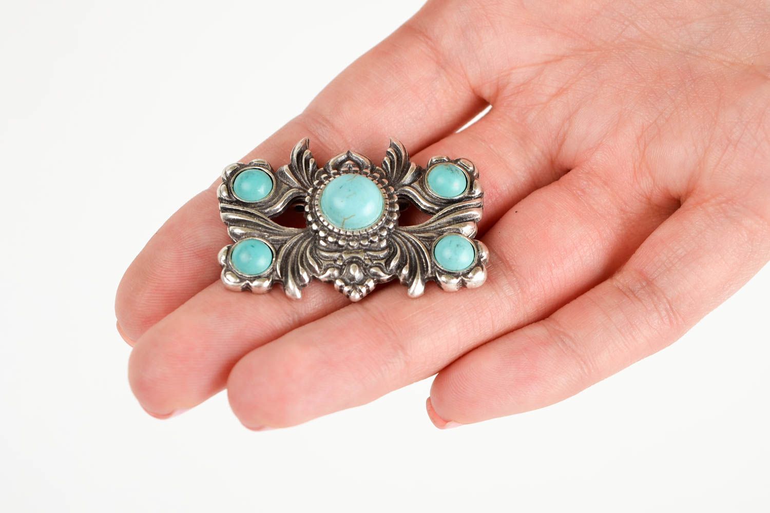 Broche métal Bijou fait main avec turquoise Accessoire femme cadeau design photo 2