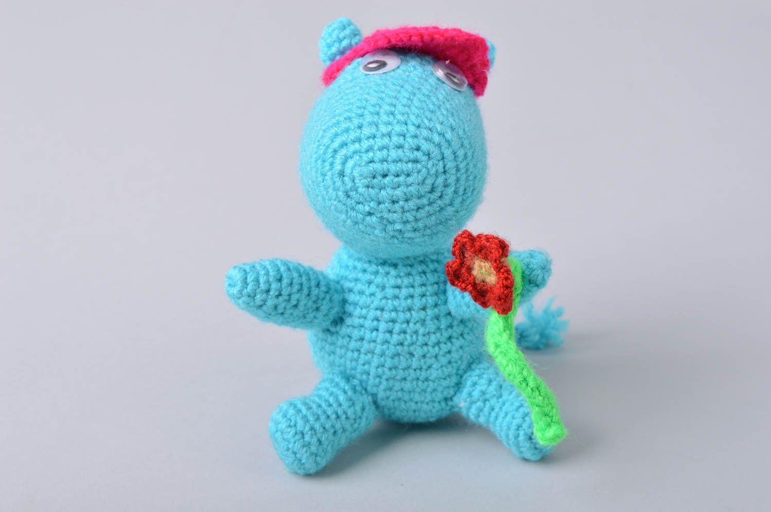 Handmade small designer funny crocheted soft toy blue hippo in hat with flower photo 1