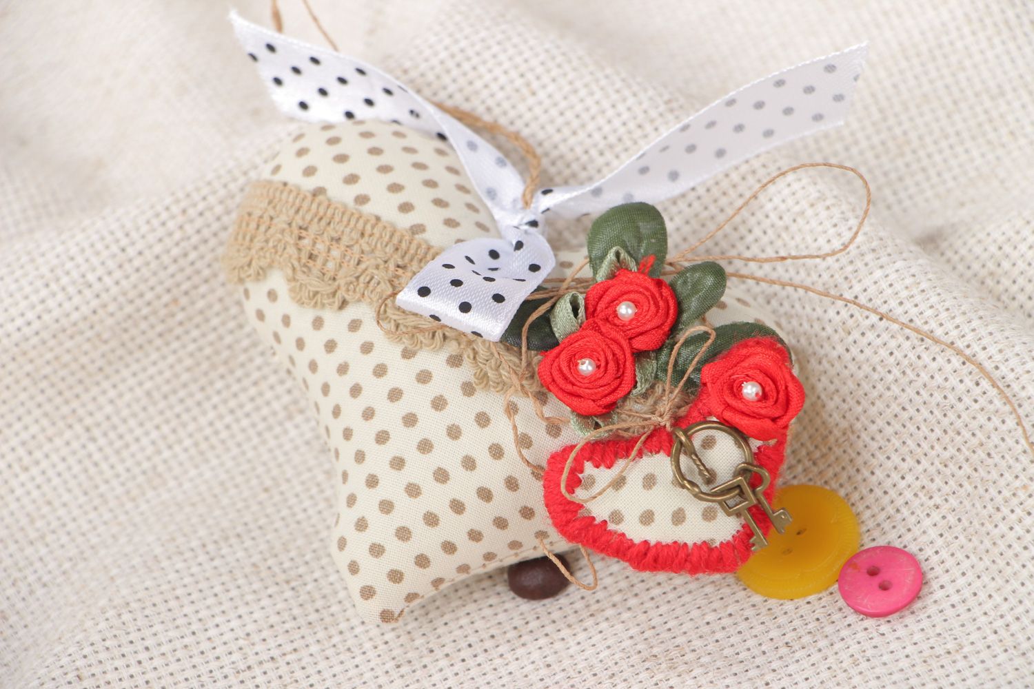 Small handmade interior wall hanging decoration sewn of polka dot cotton Heart photo 5