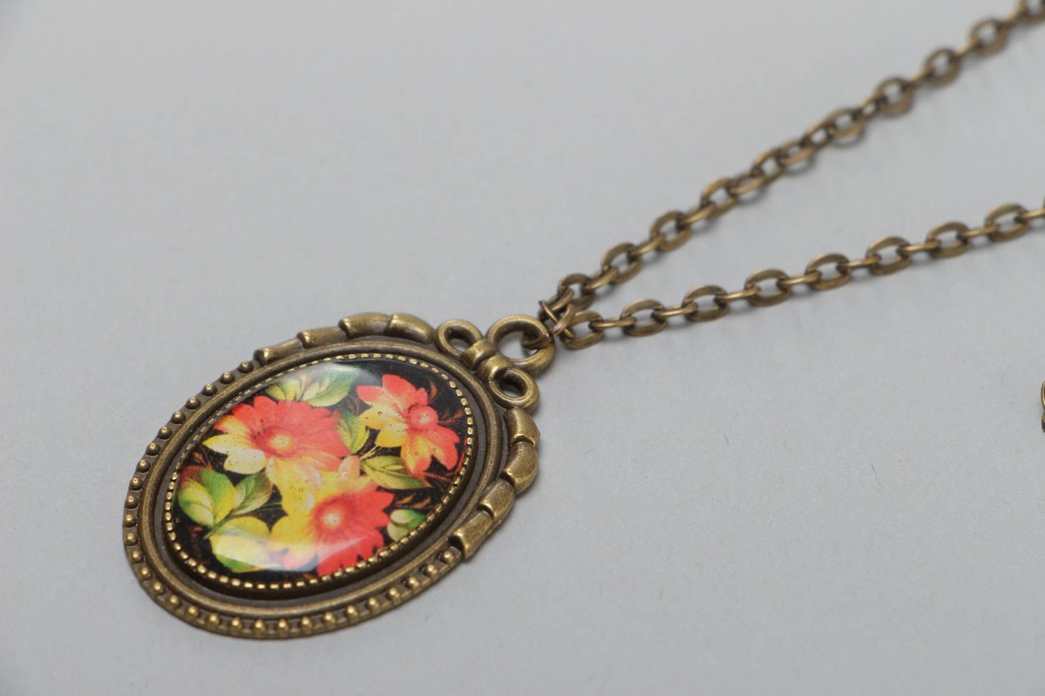 Handmade oval pendant with glass glaze and metal basis on long chain Flowers photo 3