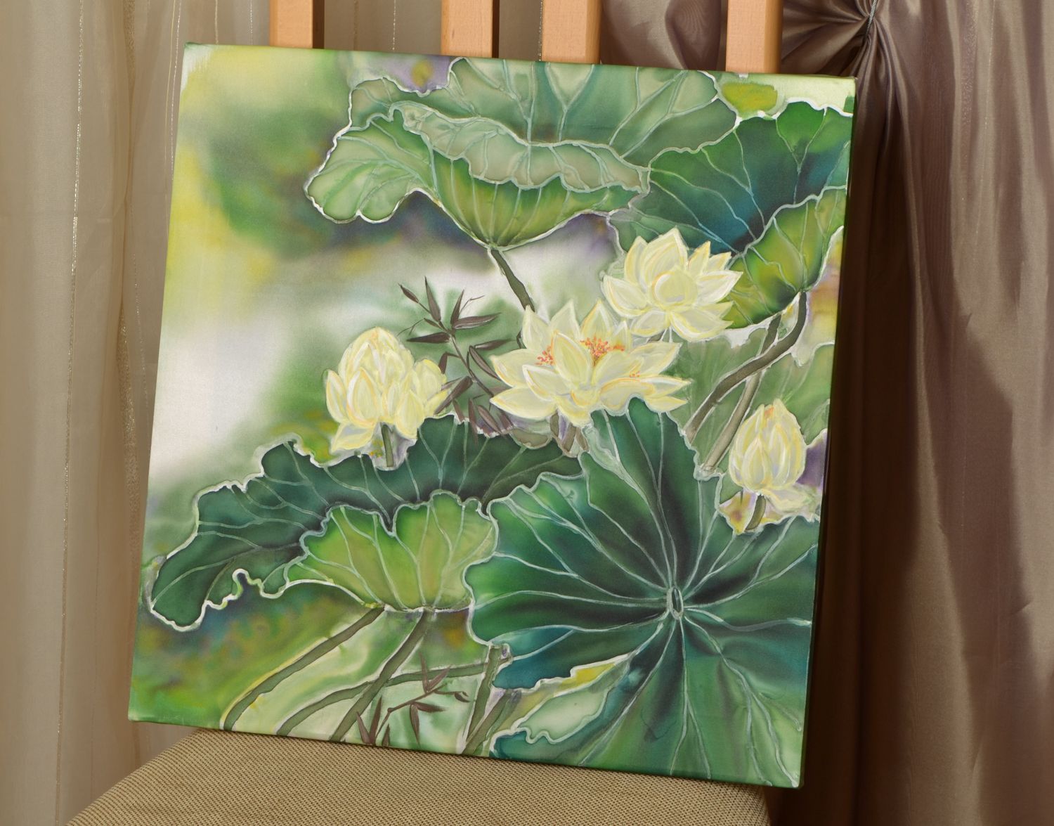 Peinture contemporaine faite main sur soie Lotus photo 1