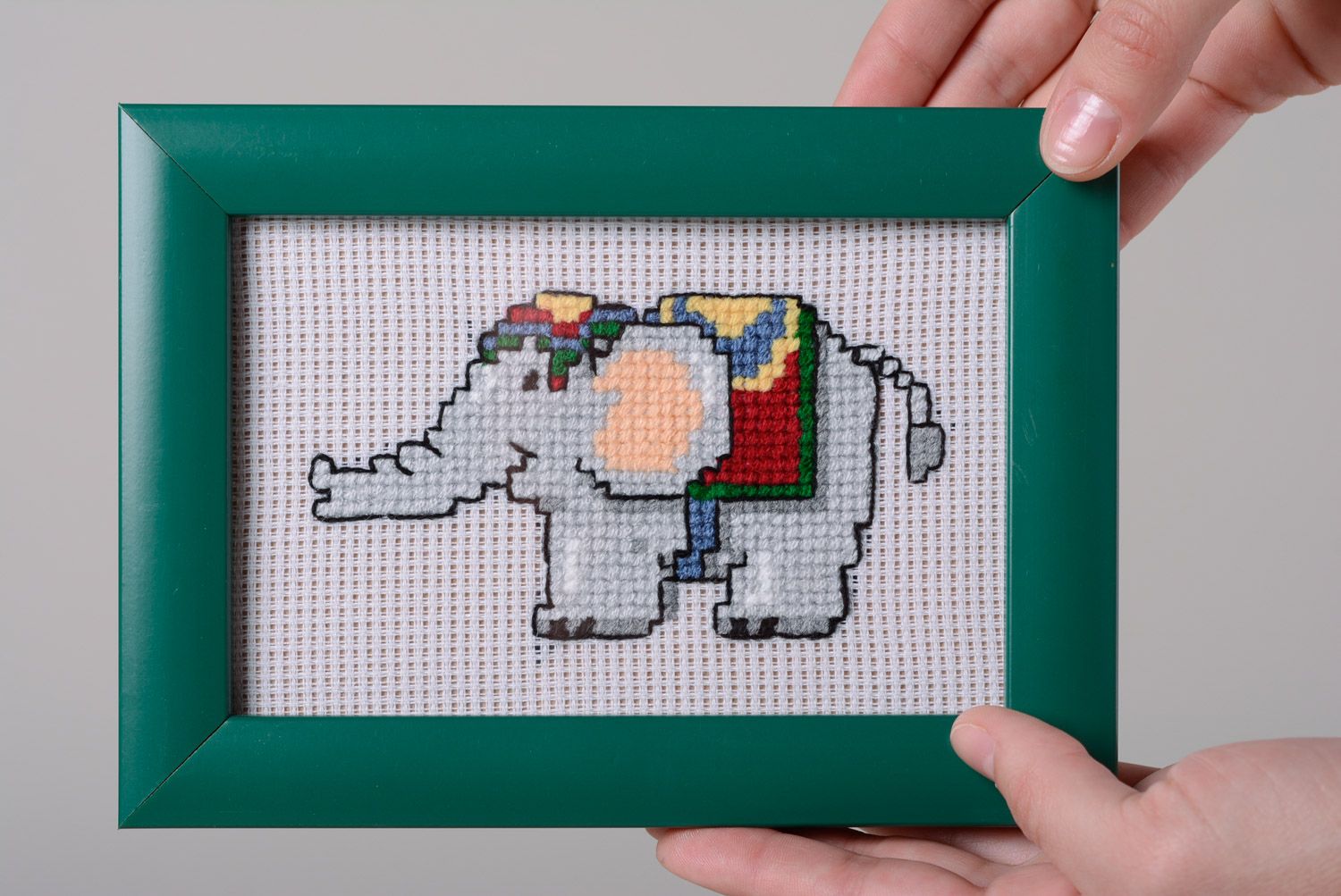 Handmade cross stitched picture of elephant in turquoise plastic frame photo 3