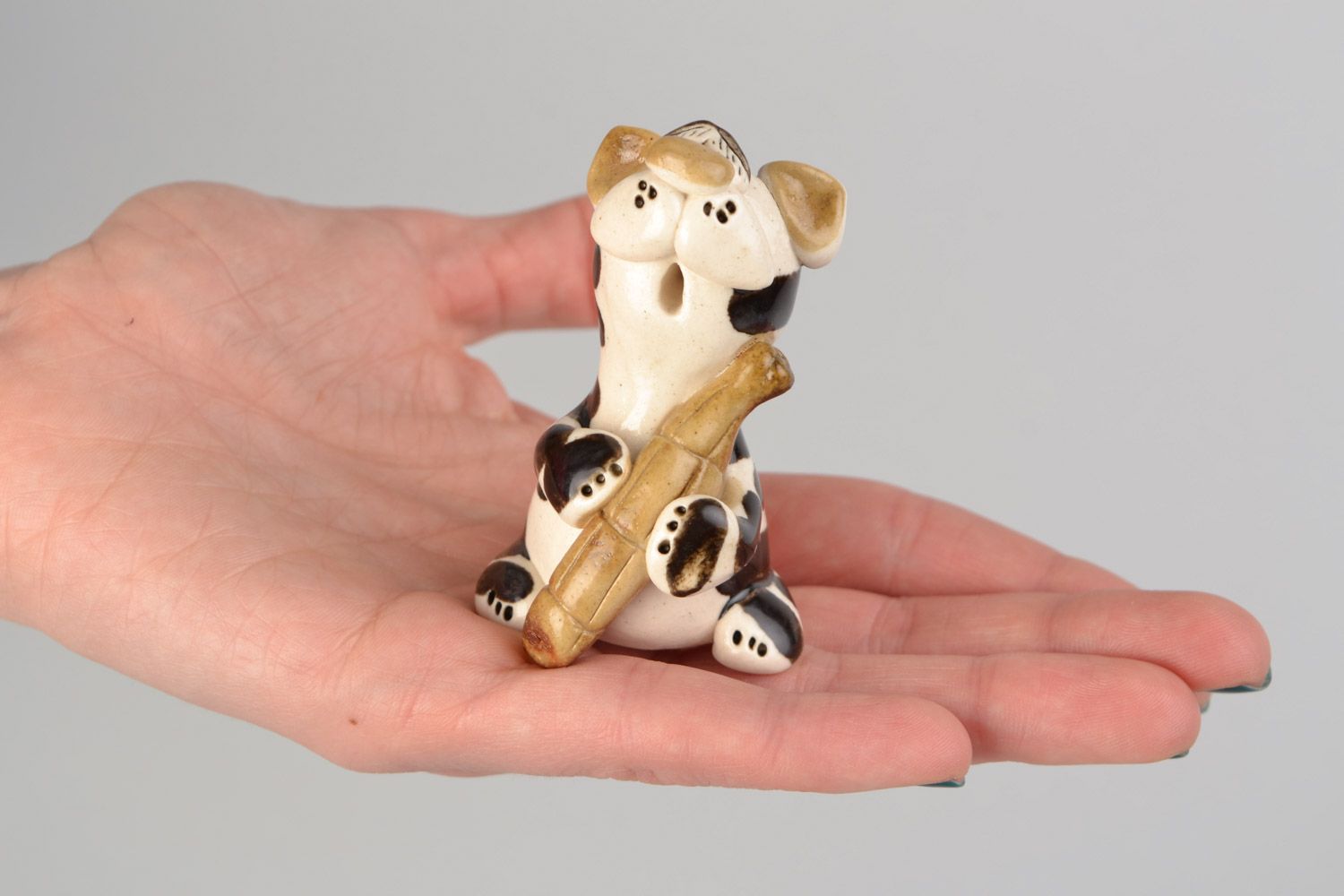 Handmade designer ceramic figurine of kitten with sausage painted with glaze photo 2