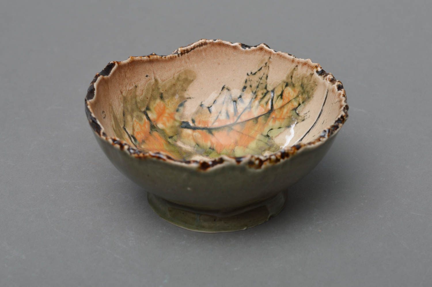 Designer small handmade porcelain salad bowl with ragged edges glazed Leaves photo 1