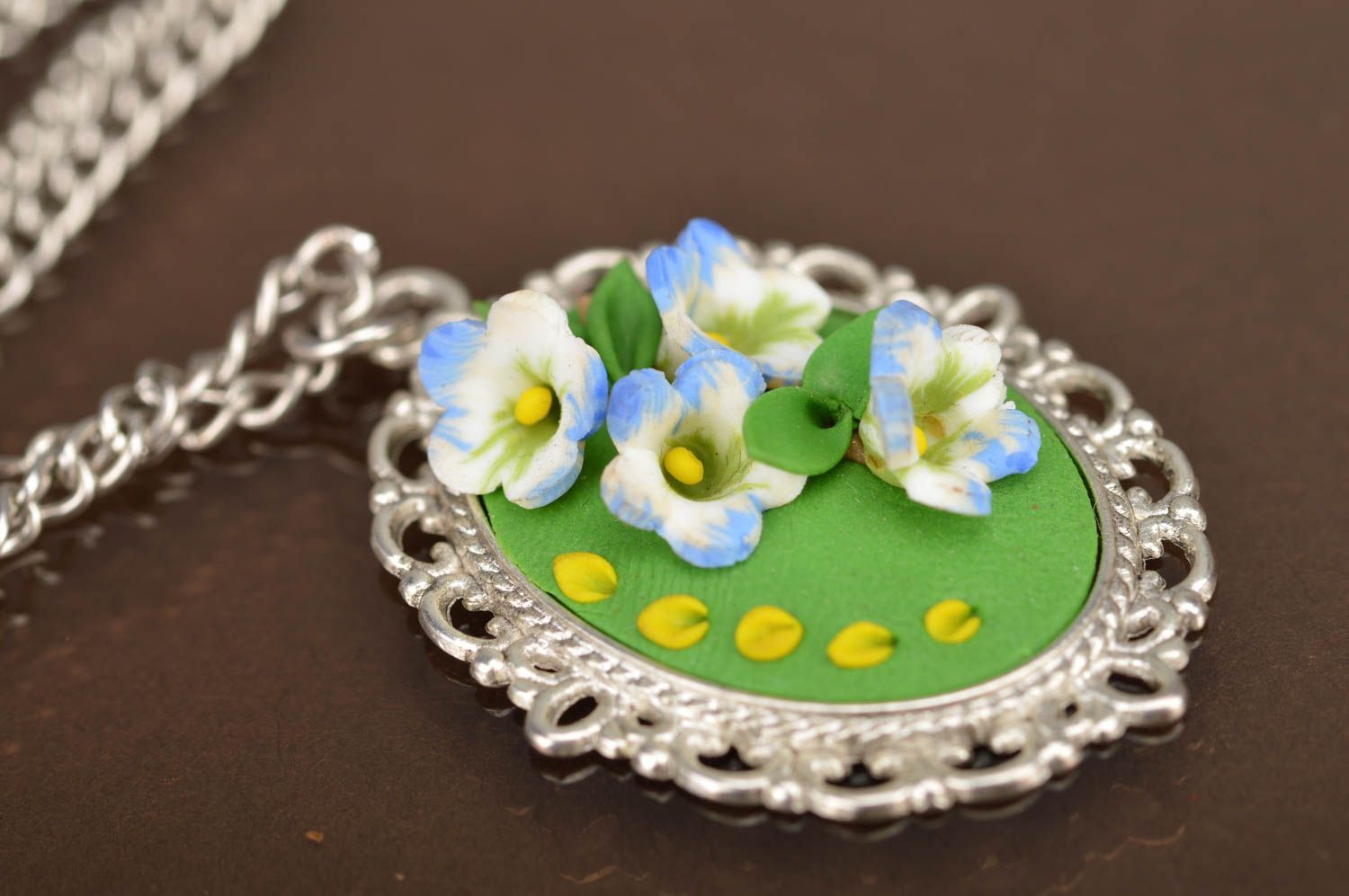 Handmade stylish pendant made of polymer clay on long chain Wild flowers photo 2