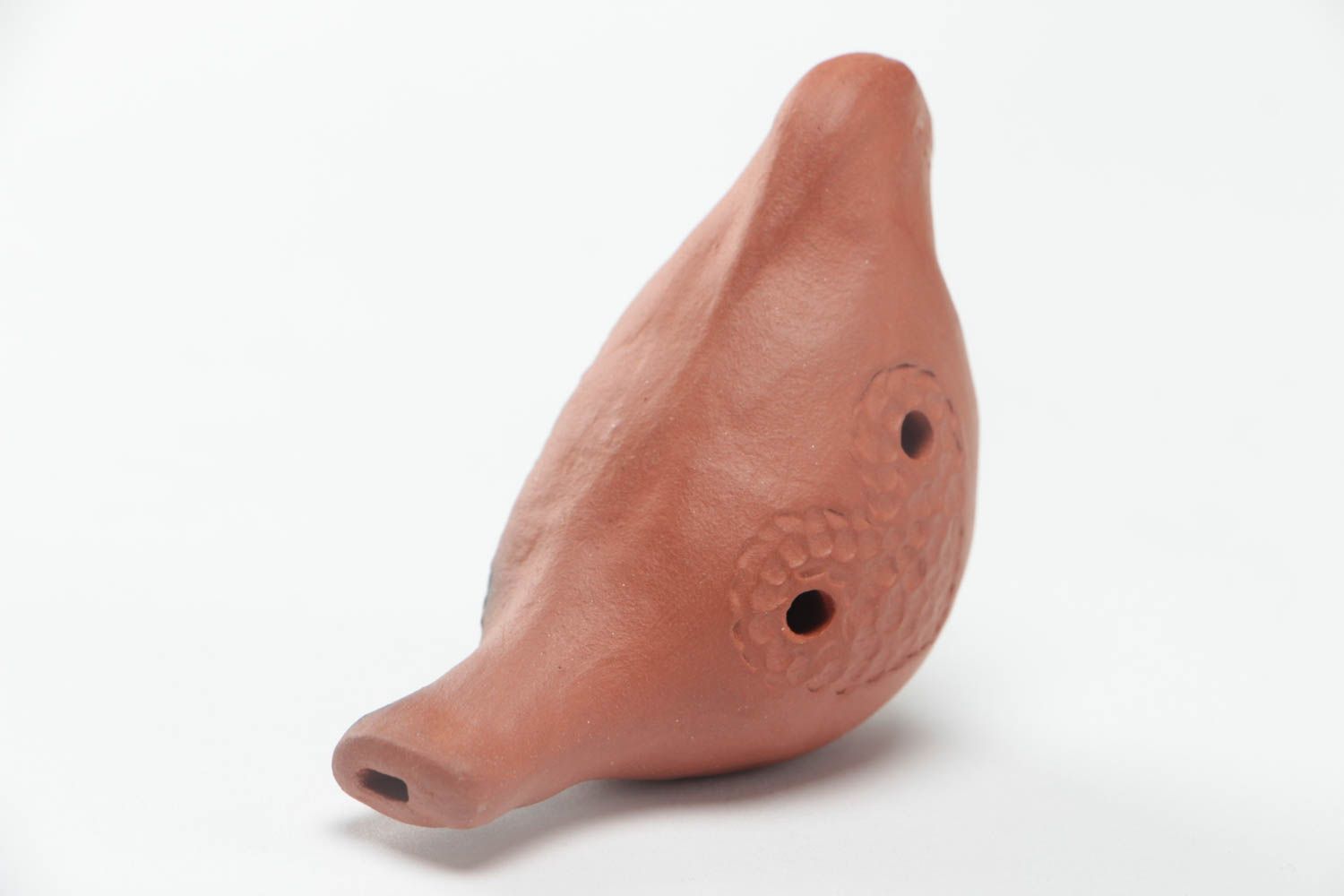 Handmade decorative small brown ceramic ocarina in the shape of bird  photo 4