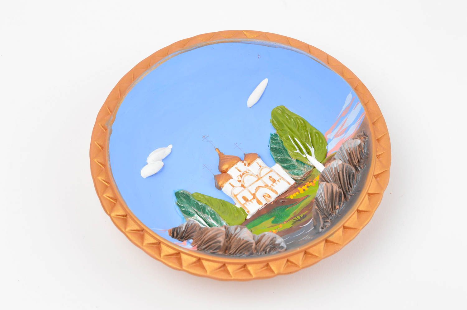 Тарелка из глины расписная декоративная красивая круглая ручной работы Лето фото 1