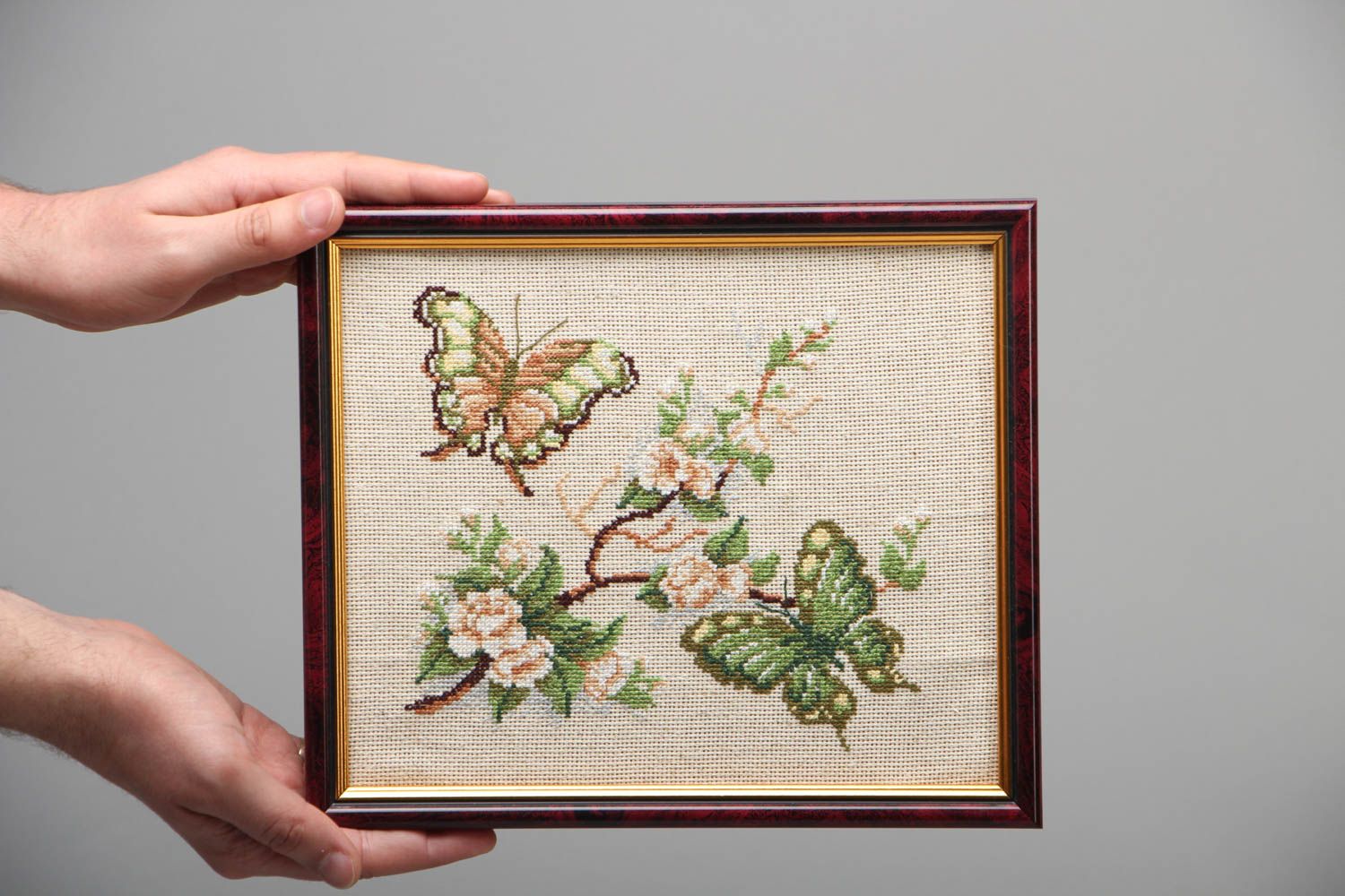 Cross stitched picture Green Butterflies photo 4
