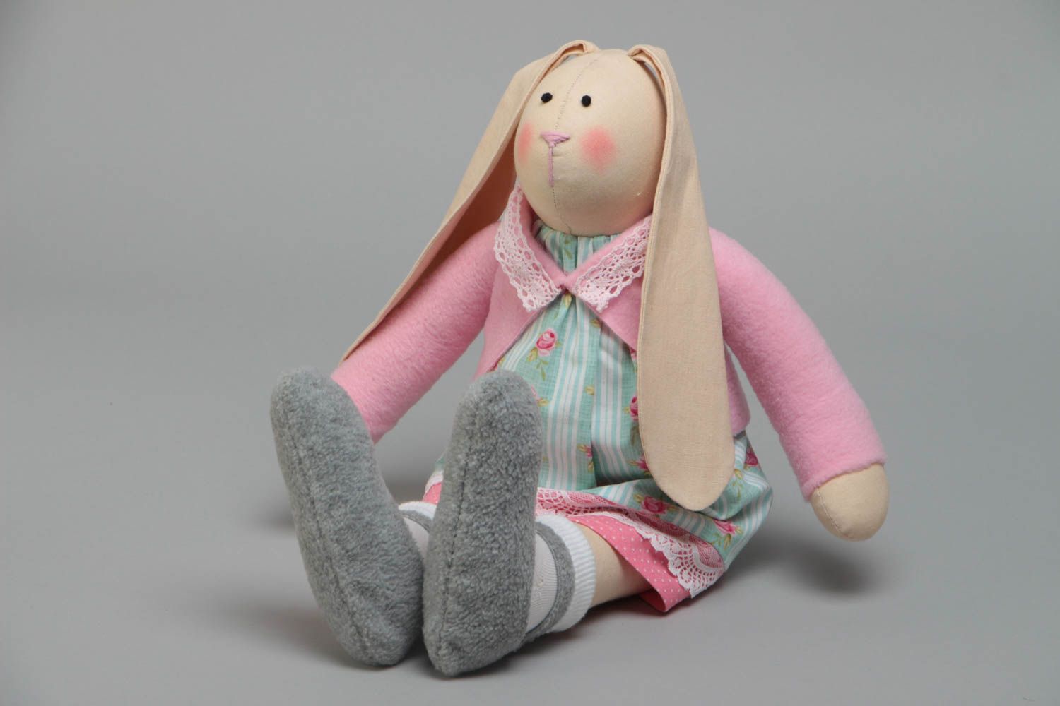 Handmade designer cotton fabric soft toy rabbit girl in dress and pink jacket photo 2