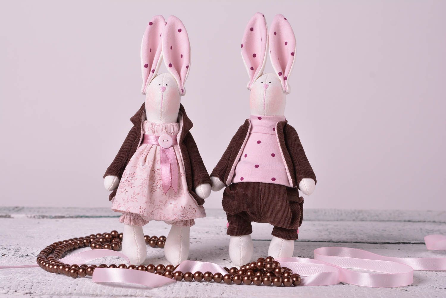 Игрушки зайцы хэнд мэйд детские игрушки 2 шт мягкие игрушки коричнево-розовые фото 1