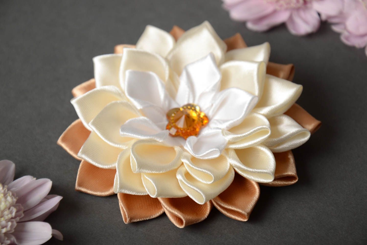 Cream colored handmade designer satin ribbon flower craft blank DIY hair clip photo 1