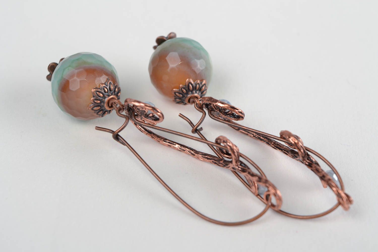 Handmade long dangling earrings with agate beads and fancy metal fittings photo 4