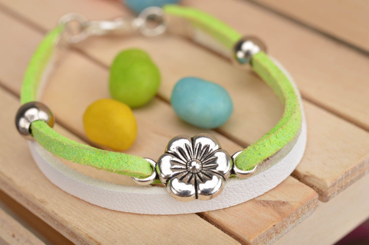 Children's handmade beautiful thin suede bracelet with charms green and white photo 1