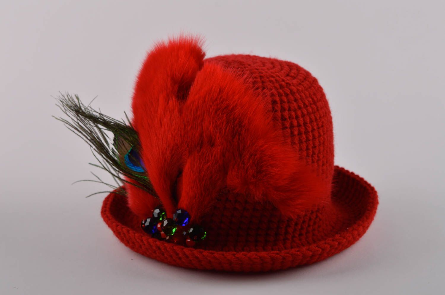 Вязаная шапка ручной работы шапка с мехом лисицы зимняя шапка красная шляпа фото 5