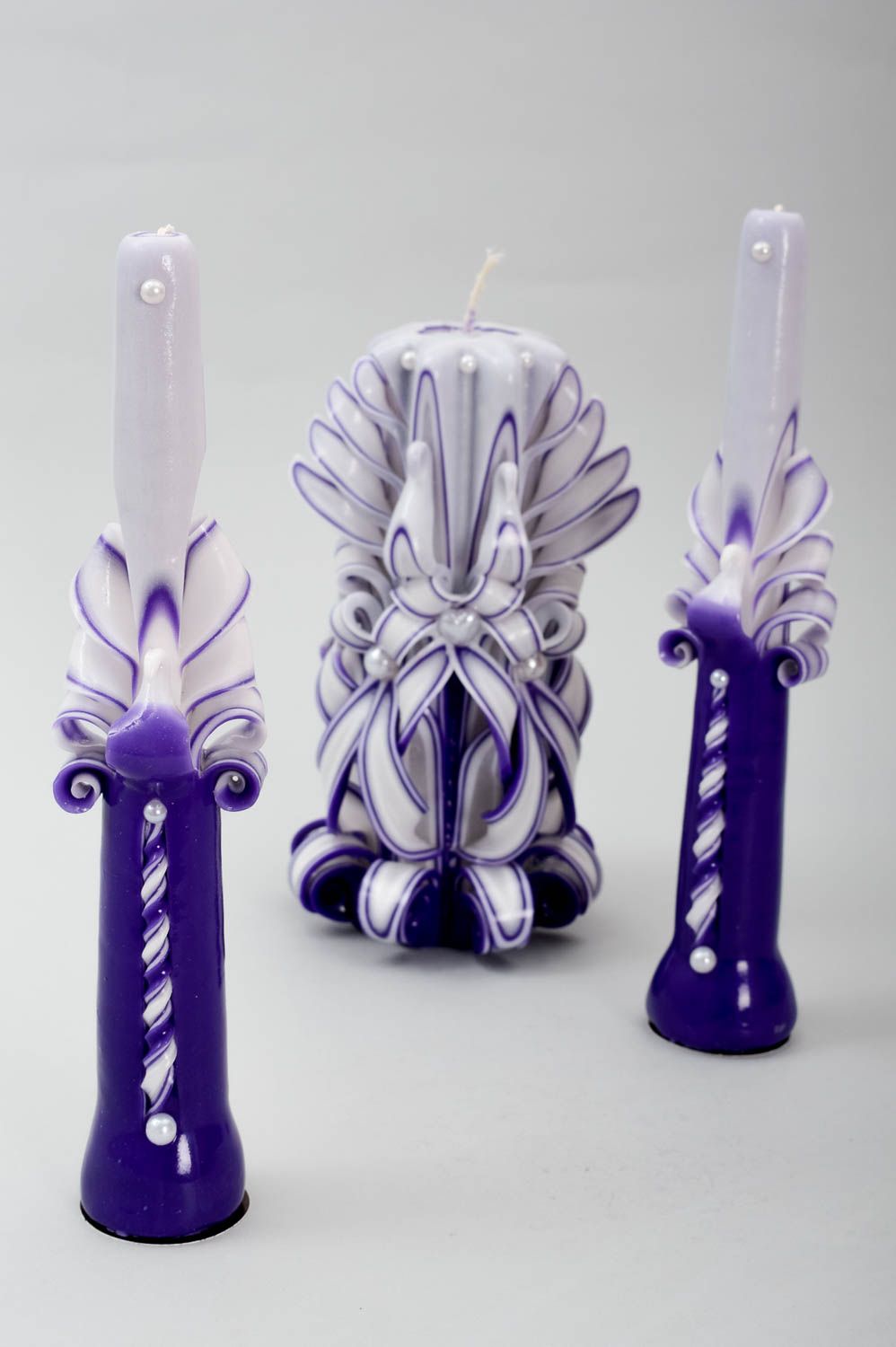 Резные свечи ручной работы венчальные свечи аксессуары для свадьбы лиловые фото 5