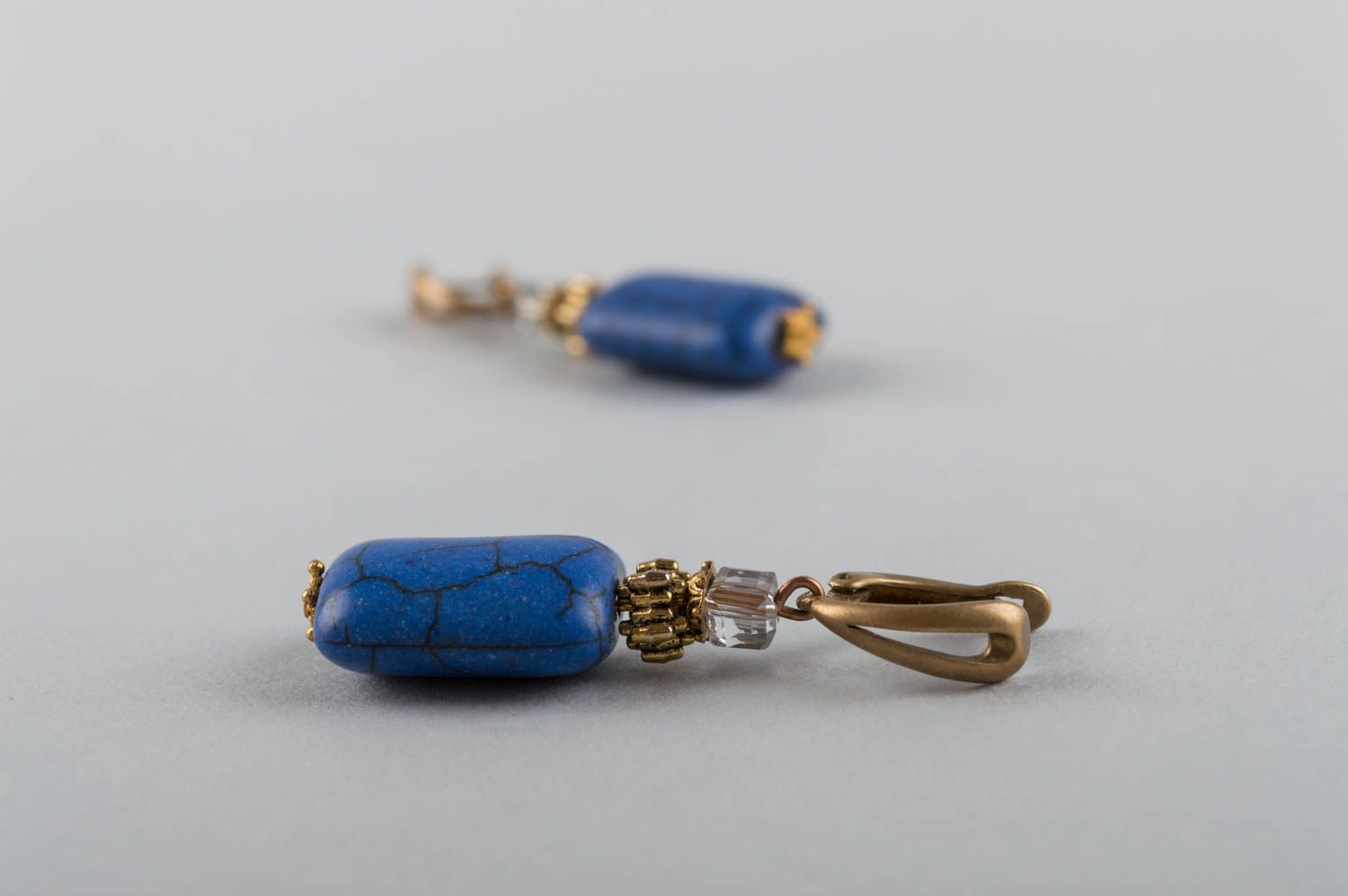 Designer beautiful evening blue handmade earrings made of howlite and brass photo 5