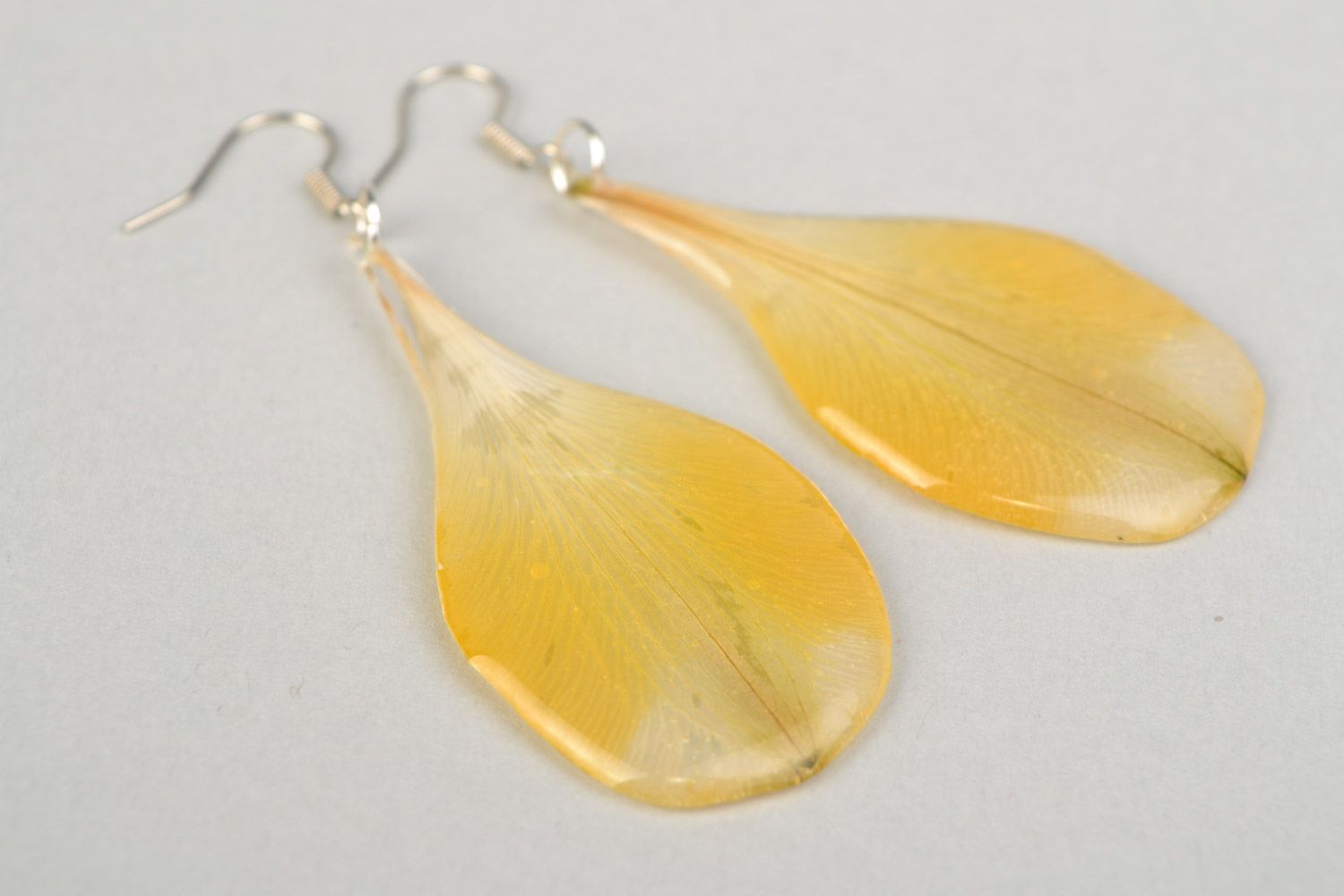 Handmade long yellow dangle earrings with alstroemeria flower is epoxy resin  photo 4