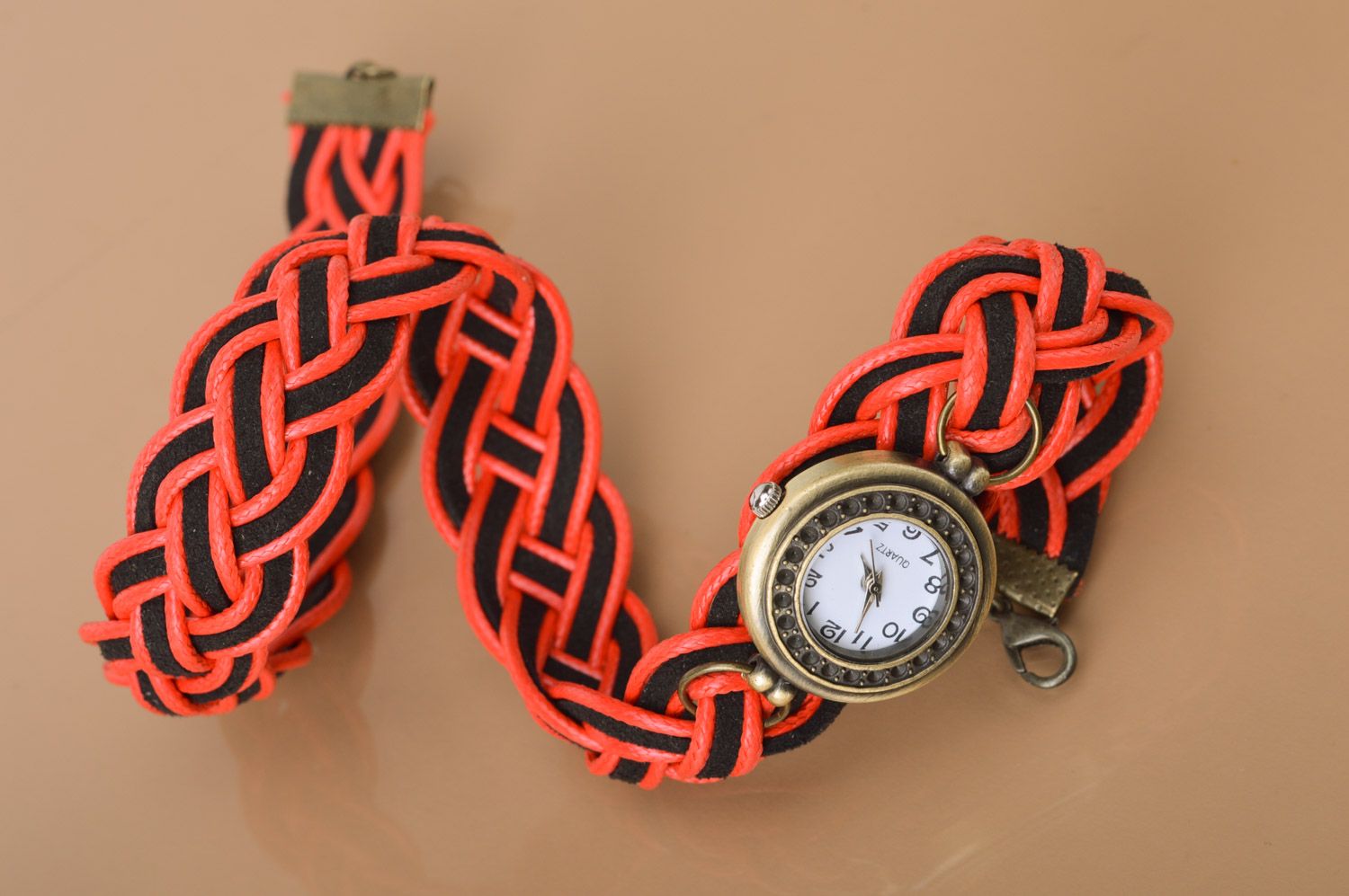 Handmade wrist watch with double wrap woven red and black bracelet for women photo 5