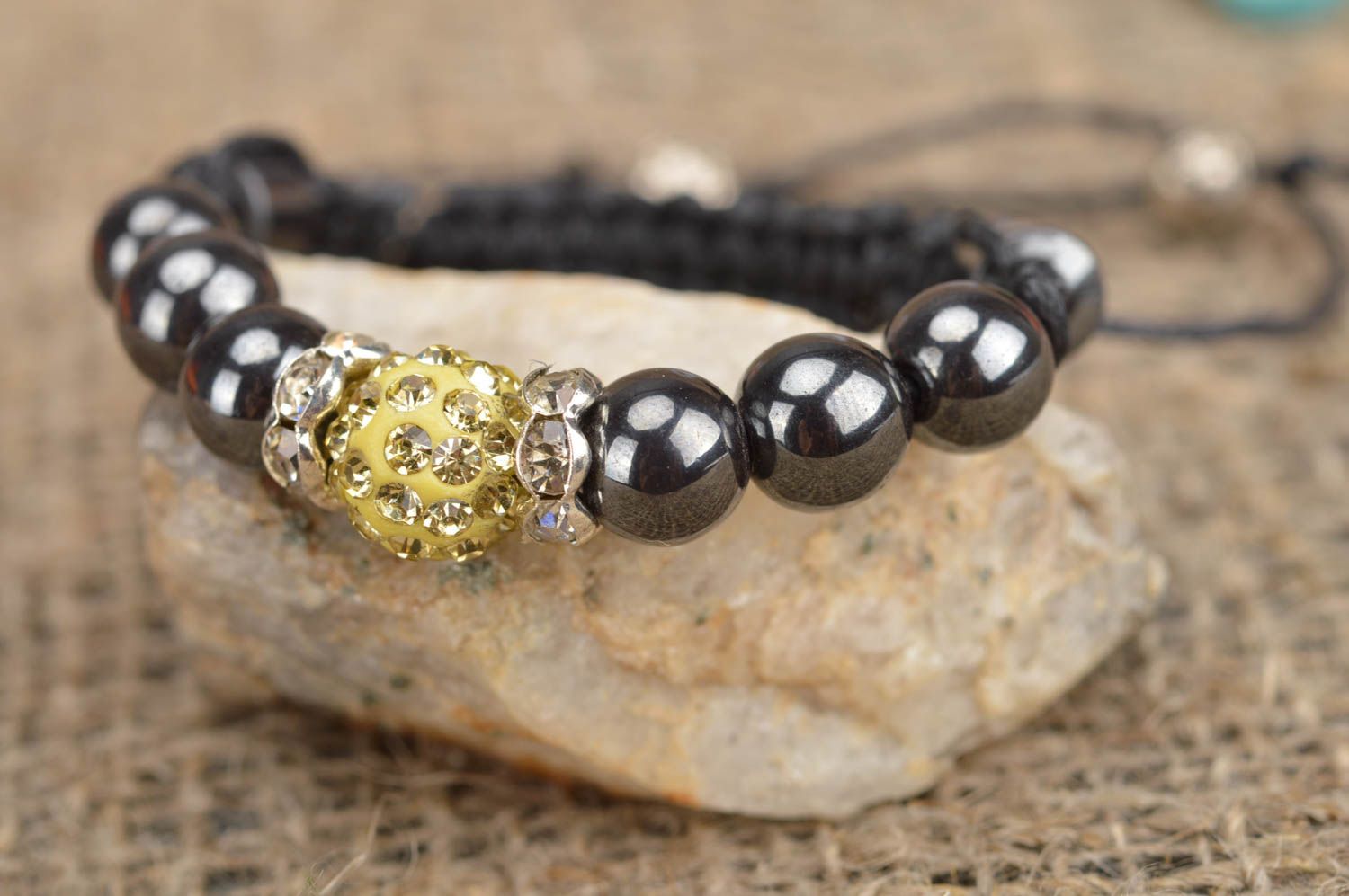 Handmade hematite braided bracelet thin dark accessory with yellow bead photo 1