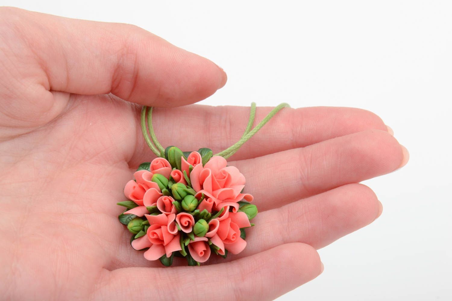 Handmade round tender pink floral polymer clay pendant necklace on cord photo 5