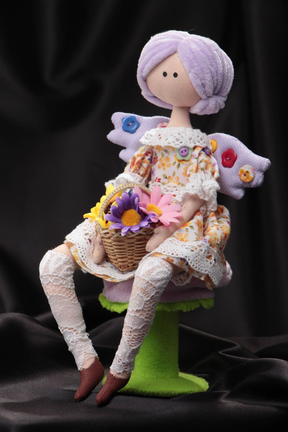 Handmade designer soft doll sewn of fabrics fairy with small flower basket photo 1