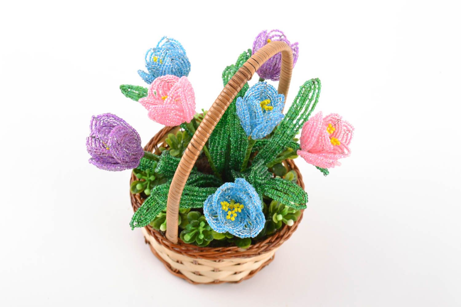 Handmade decorative basket with artificial beaded tender colorful crocus flowers photo 3