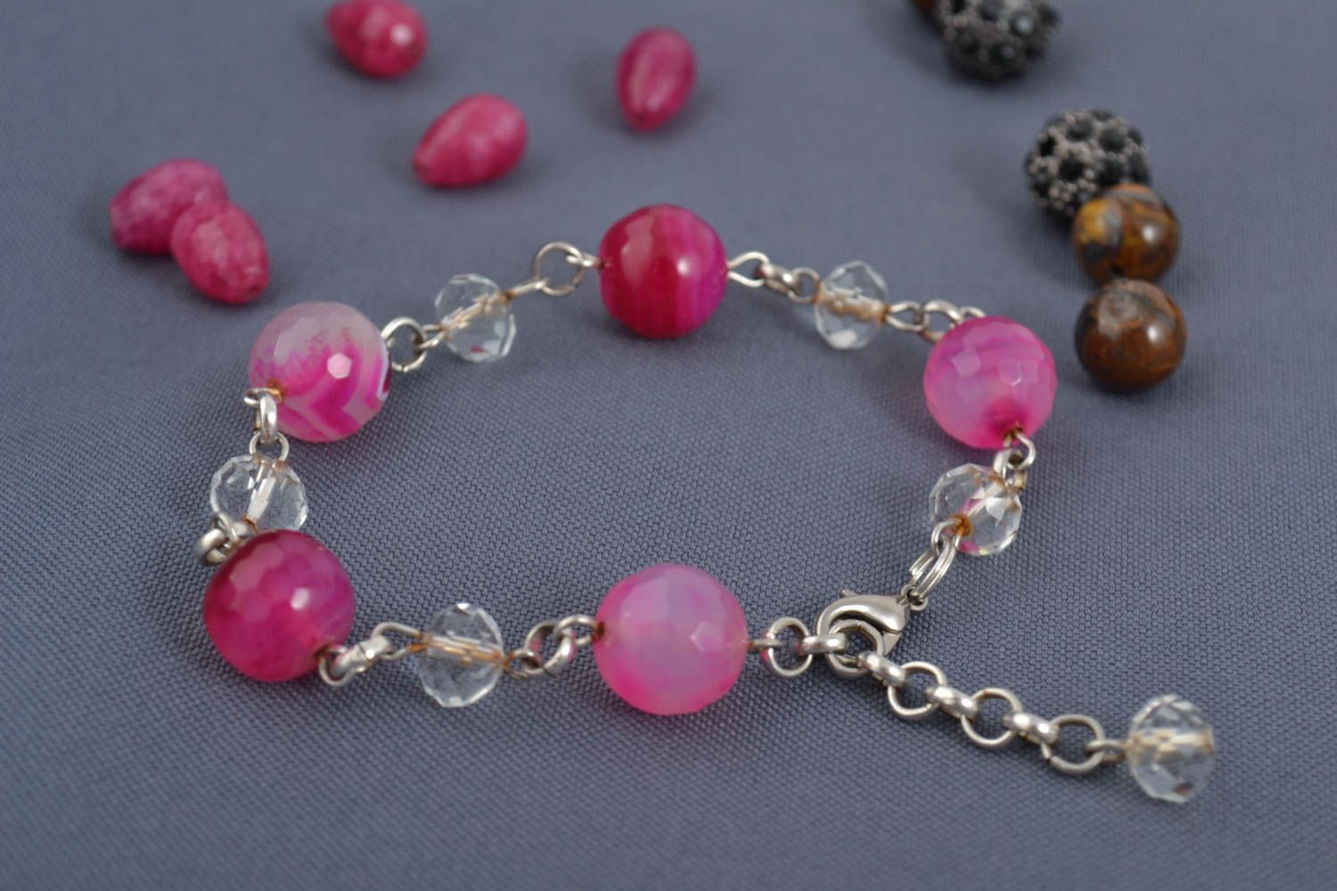 Bracelet en pierres Bijou fait main rose agate cristal Accessoire femme photo 1