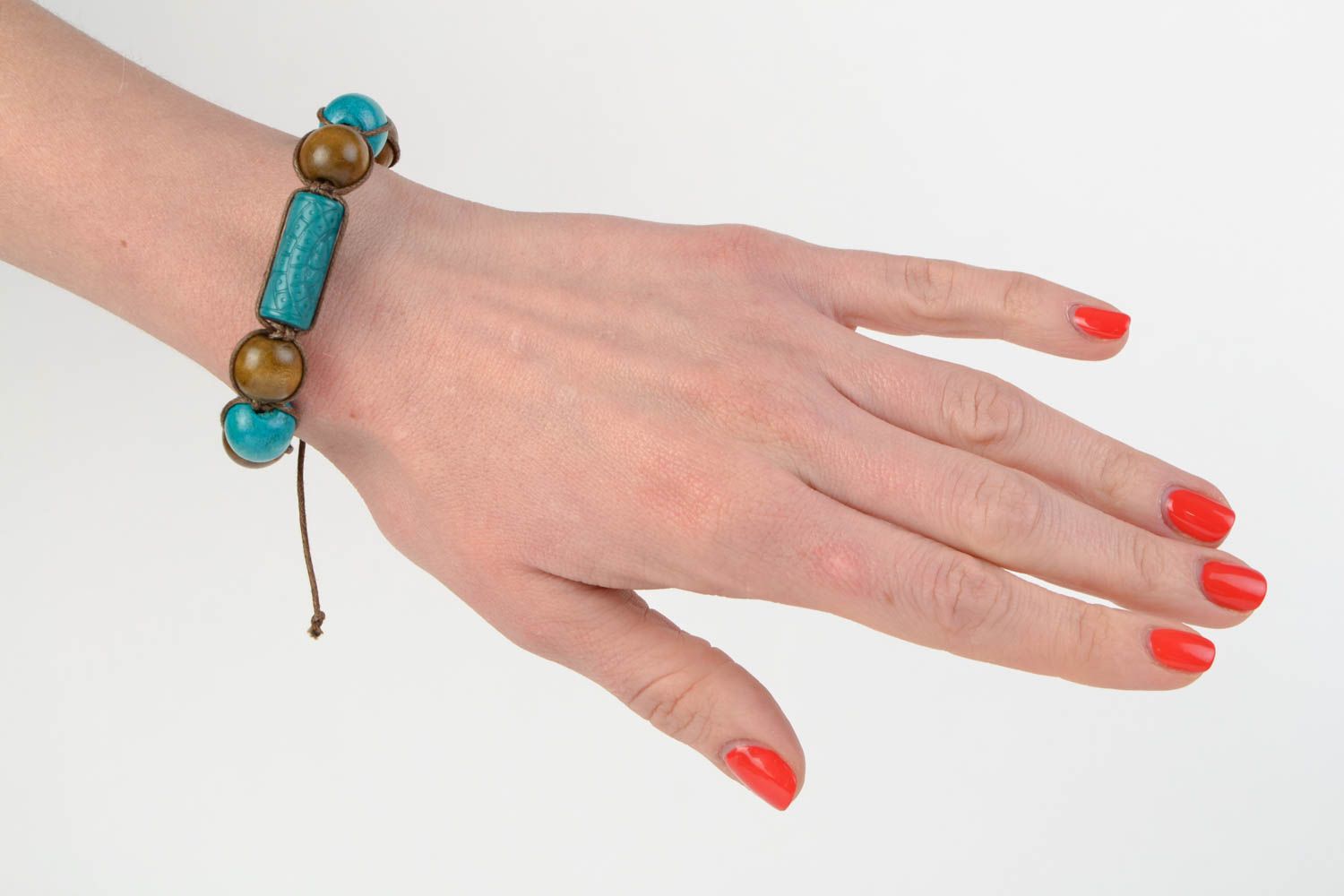 Handmade women's woven cotton cord wrist bracelet with wooden beads photo 3