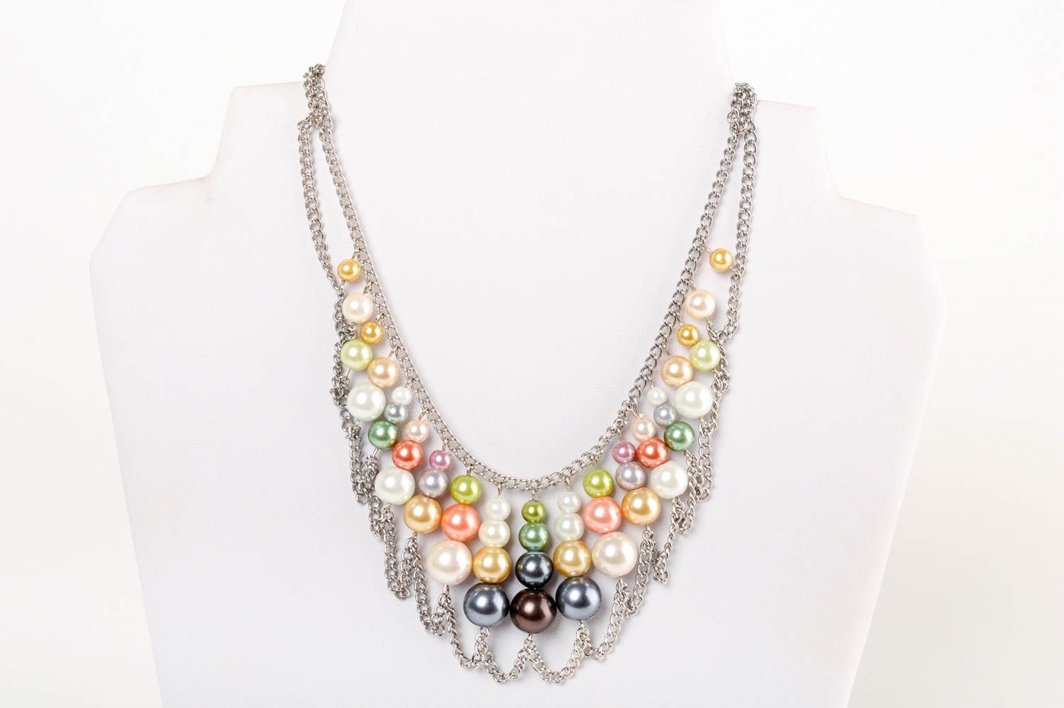 Handmade massive women's necklace with ceramic colorful pearls on metal chain photo 1