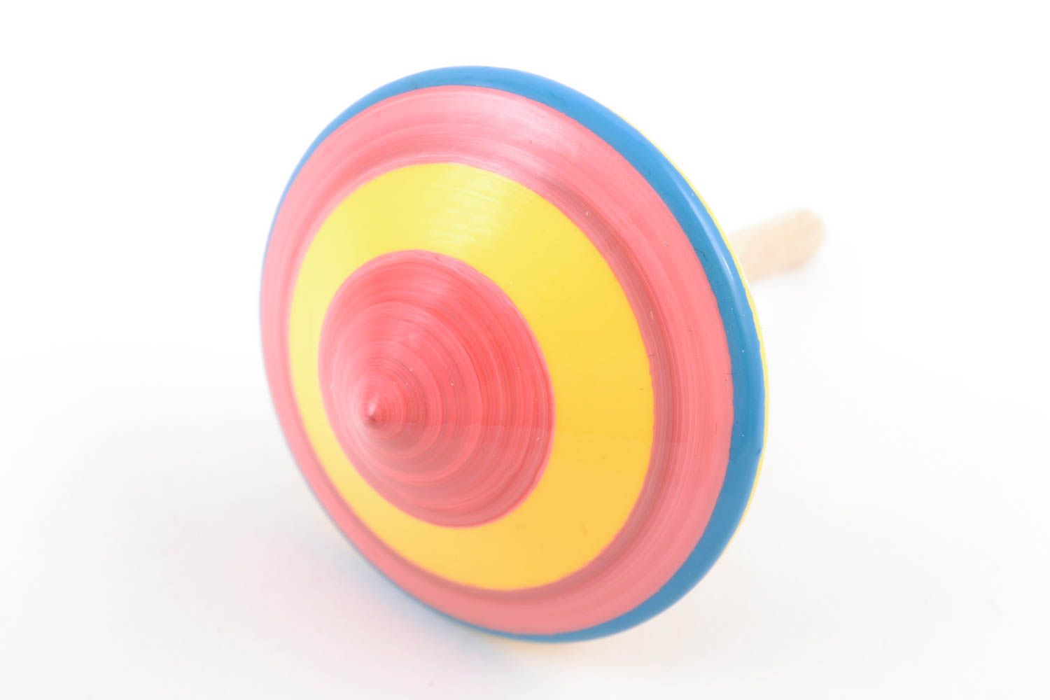 Handmade wooden yellow spinning top toy painted with eco dyes for children  photo 4