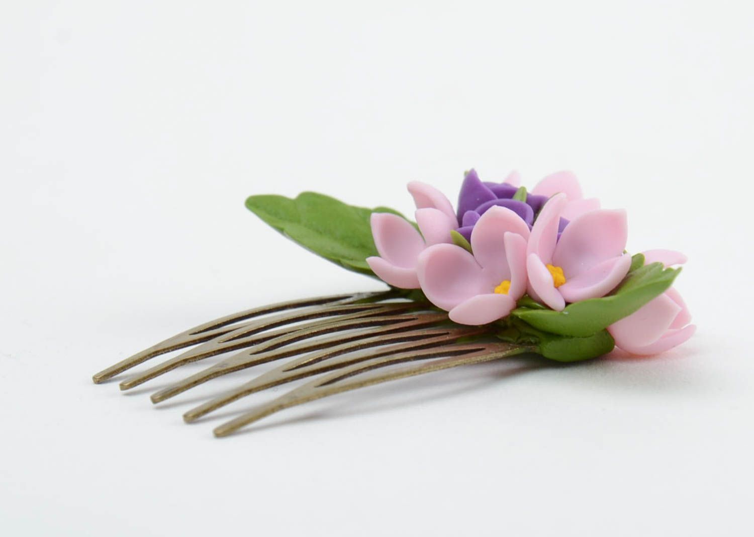 Handmade decorative hair comb with cold porcelain roses and lilac flowers photo 4