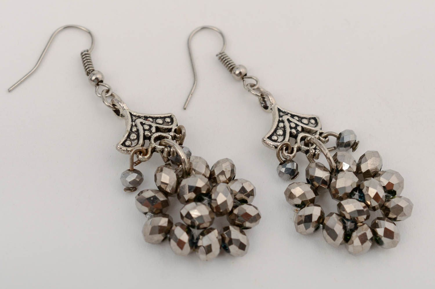Handmade designer crystal earrings with charms beautiful gray evening accessory photo 2