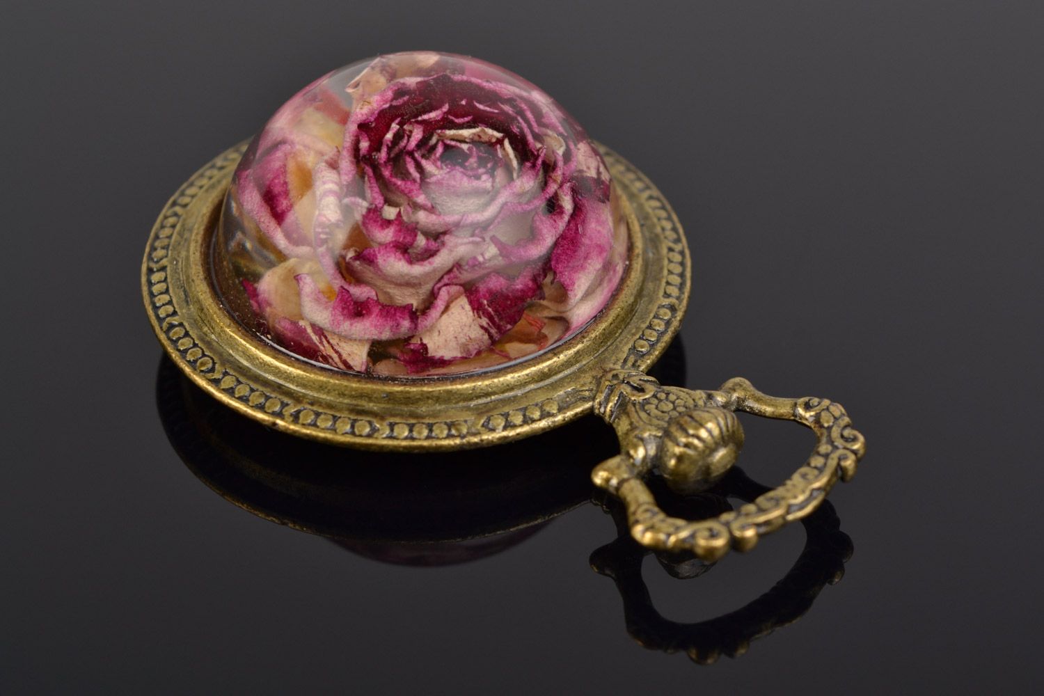 Gentle women's handmade vintage pendant with real rose coated with epoxy resin photo 3