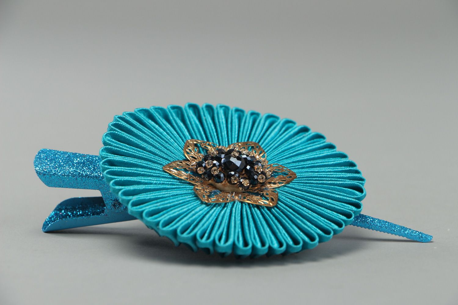 Bright handmade hair clip with kanzashi flower created of blue satin ribbons photo 2