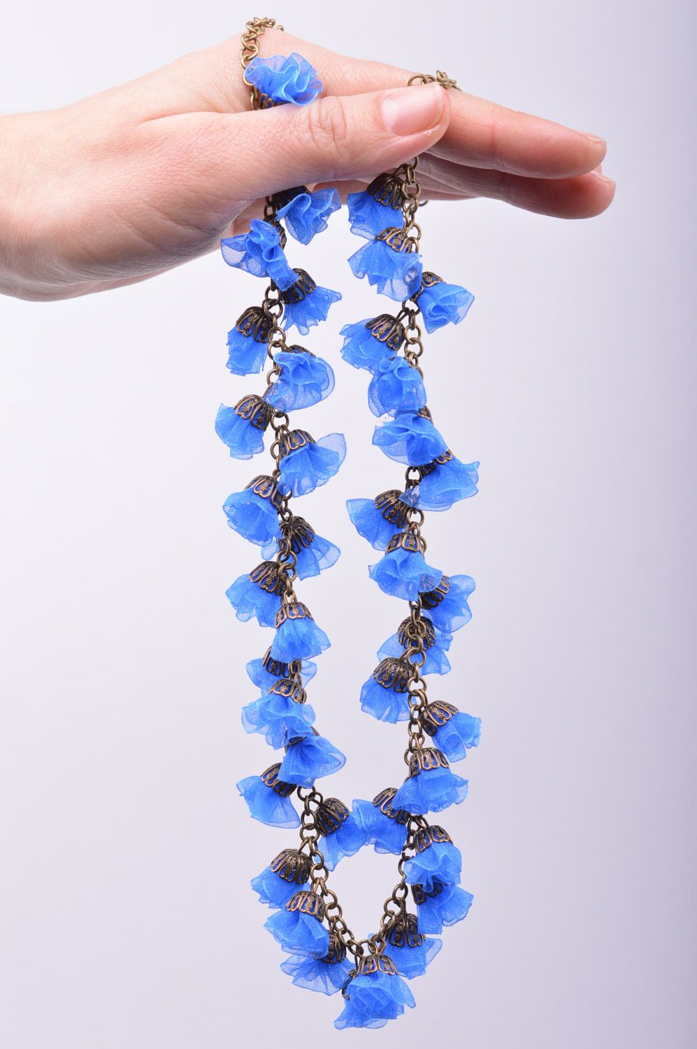 Bright handmade women's ribbon flower necklace of blue color Cornflowers photo 5