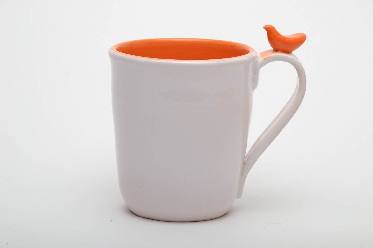 White ceramic porcelain drinking 8 oz cup with handle and orange color inside photo 2