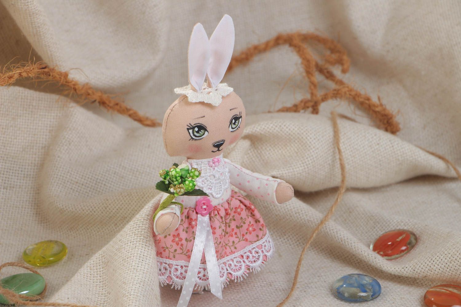 Handmade small cotton toy in the form of rabbit  photo 1