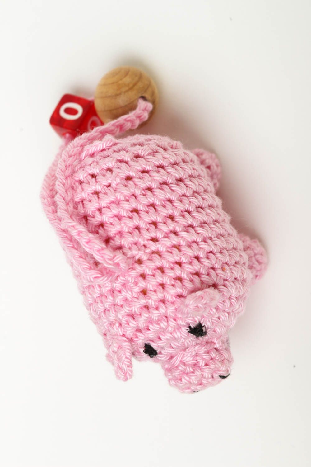 Hochet bébé Jouet éveil fait main cochon tricoté rose coton Cadeau enfant photo 4
