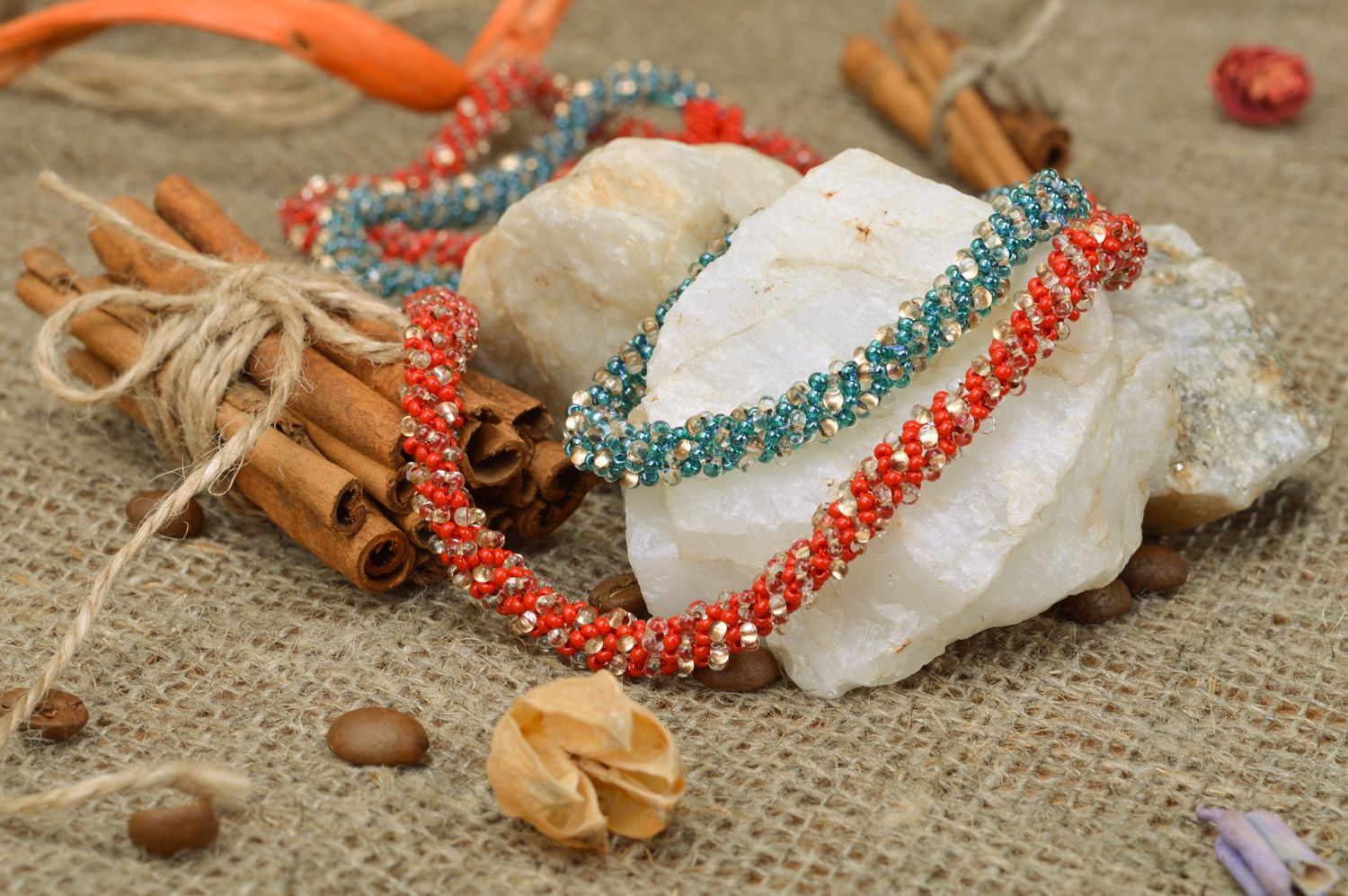 Set of handmade woven long beaded cord necklaces 2 items blue and red photo 1