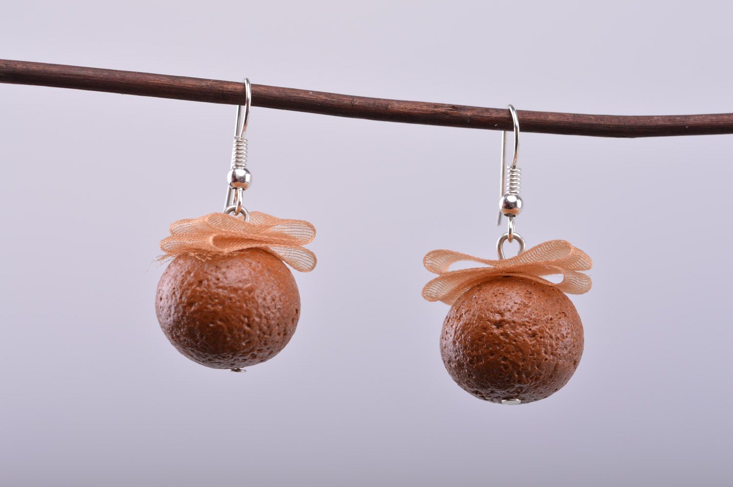 Unusual women's handmade polymer clay earrings with ribbons photo 3