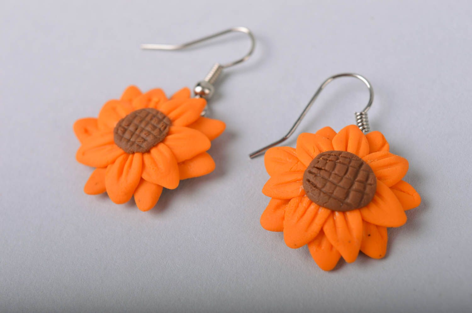 Handmade bright designer dangle earrings with orange cold porcelain flowers photo 3