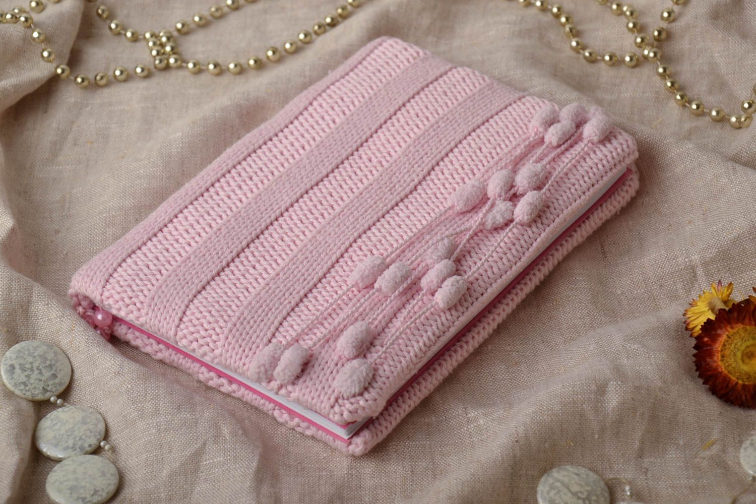 Handmade pink notebook with knitted cover photo 1