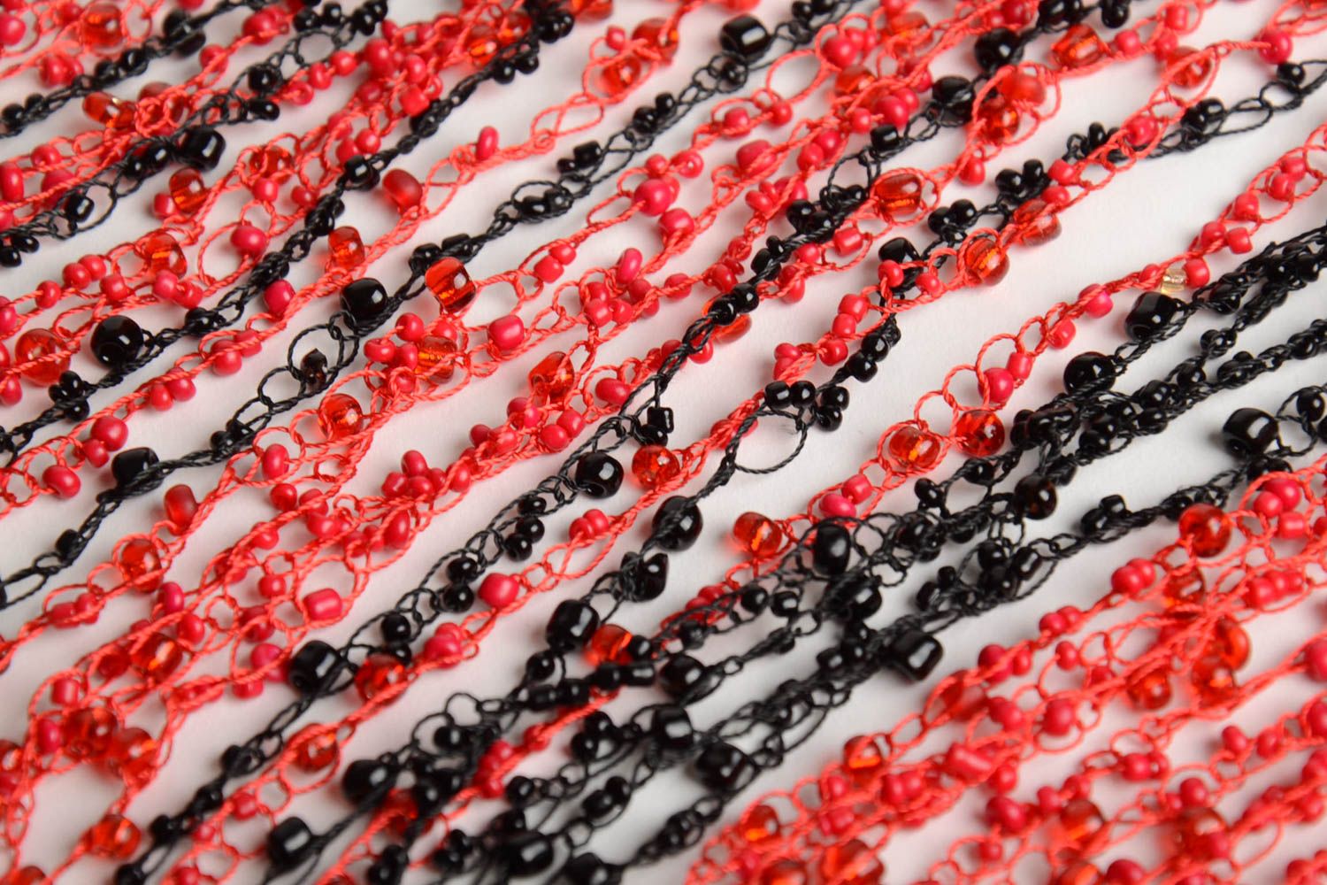 Handmade designer airy multi row necklace crocheted of red and black Czech beads photo 5