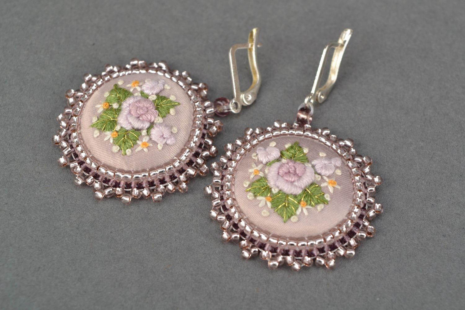 Round handmade earrings with embroidery  photo 4