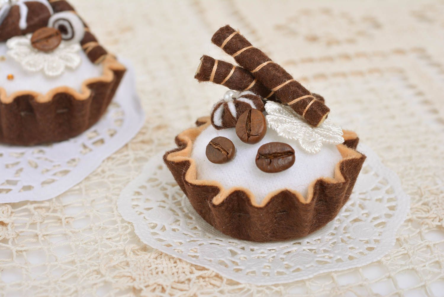 Handmade designer decorative felt pincushion in the shape of chocolate cake photo 2