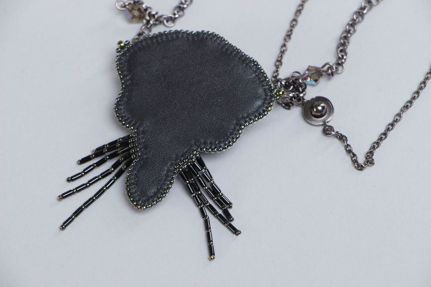 Handmade black festive pendant necklace with beads and labradorite stone on chain photo 4