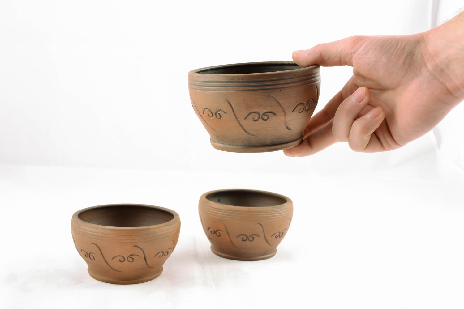 Handmade 3 clay bowls set kilned with milk 0,5 l photo 2